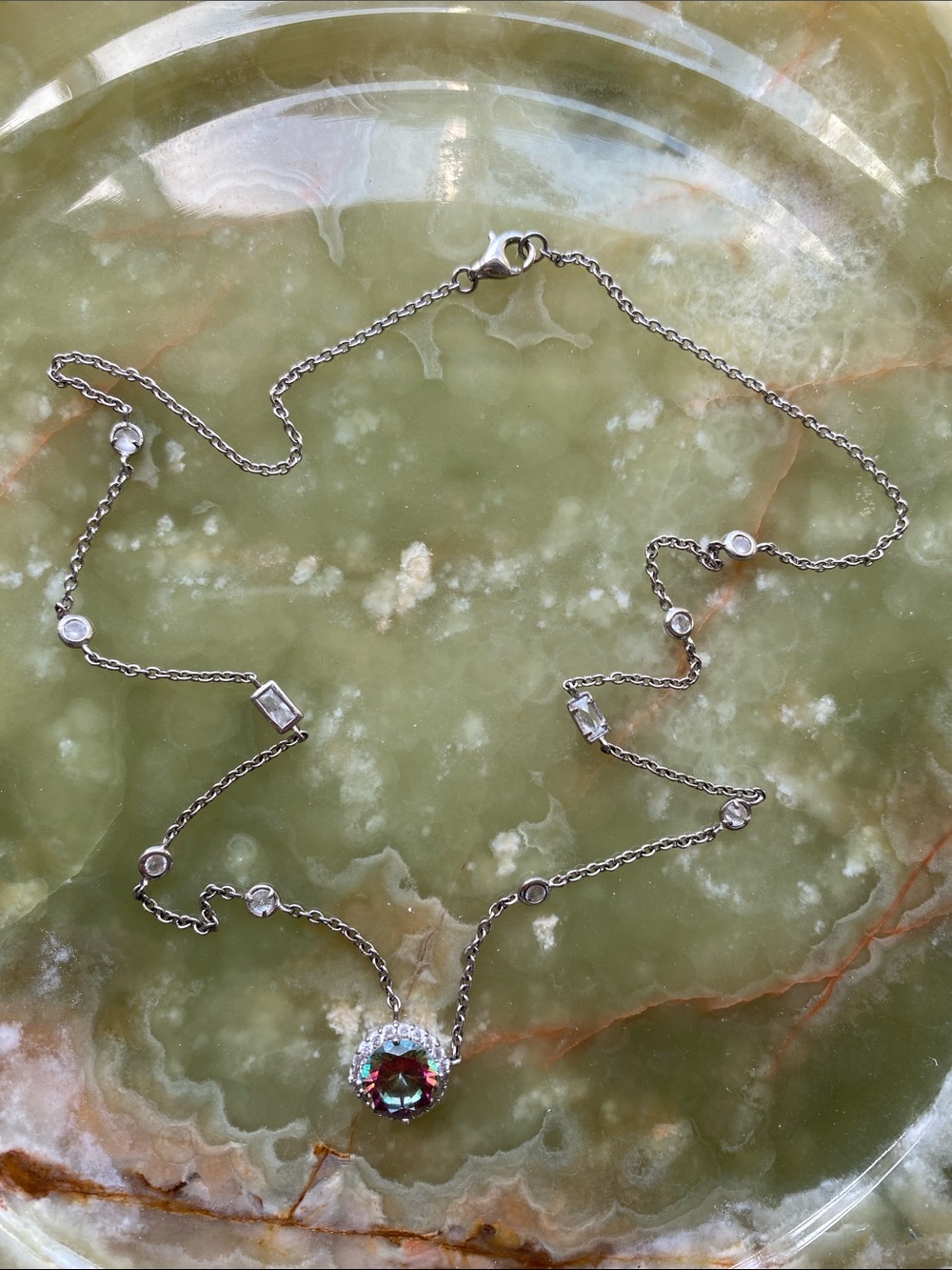 Silver Necklace with Iridescent Center Crystal